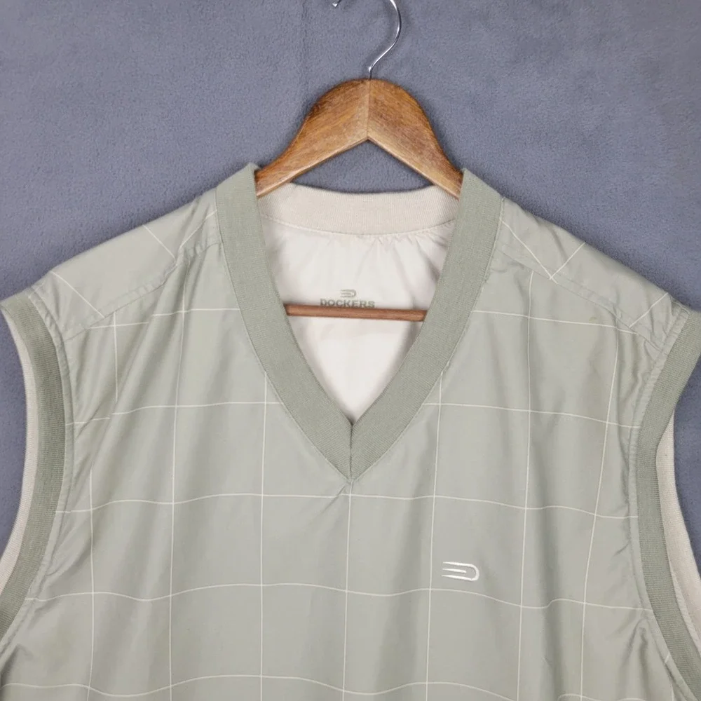 Dockers‎ Golf Windbreaker Vest Mens L Green Windowpane Plaid Lined Side Zipper